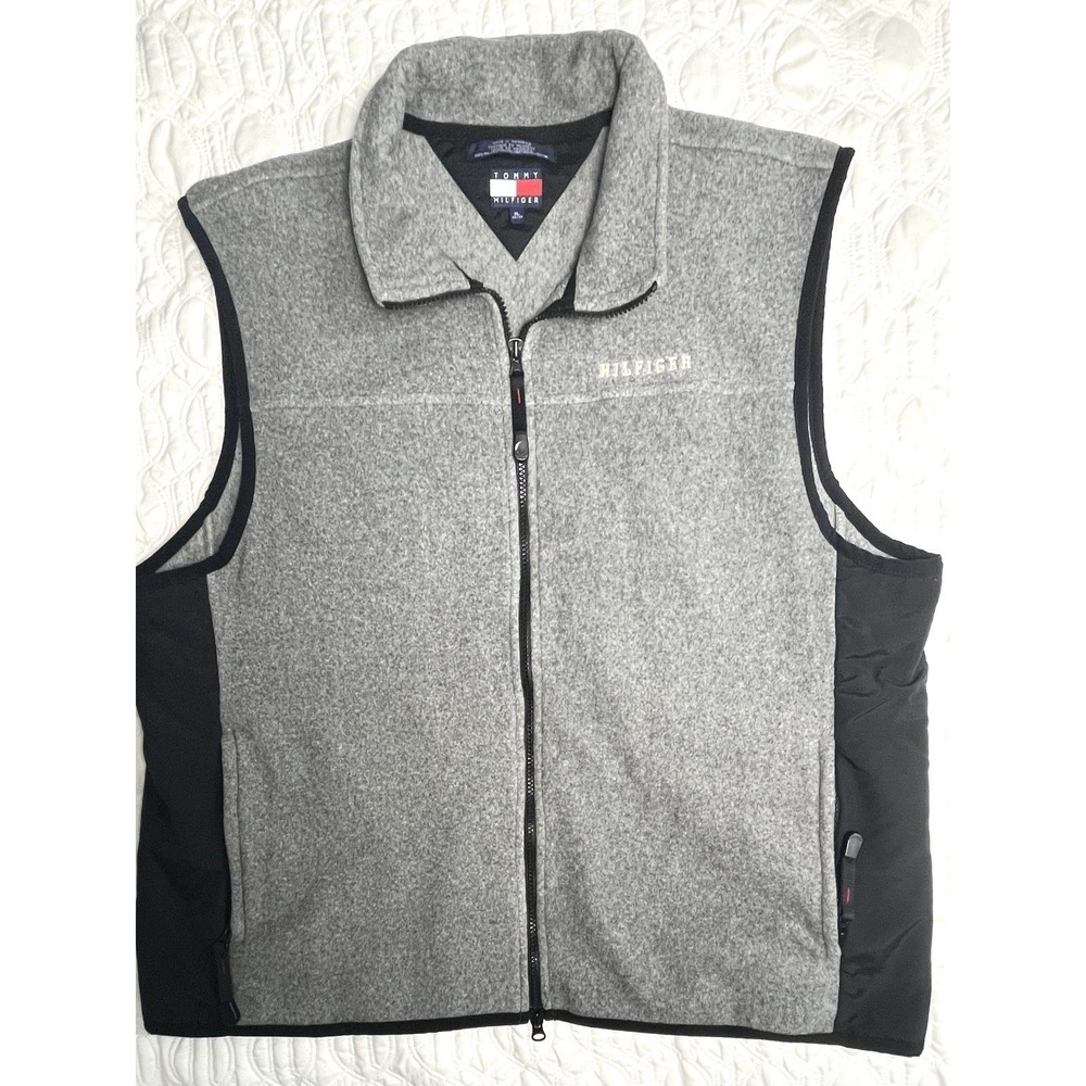 Vintage Tommy Hilfiger Vest Jacket Mens Size XLarge Gray Black Full Zip Fleece